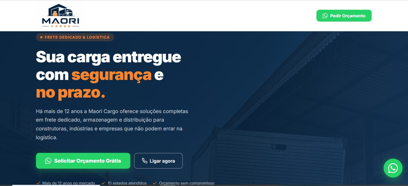 Página inicial do site Maori Cargo